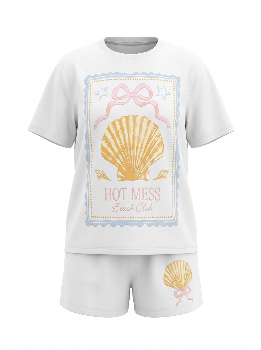 White t-shirt and shorts set with shell design and 'Hot Mess' text on a white background