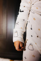 Close view of the sleeve cuff on Halloween Icon Print zip pajamas