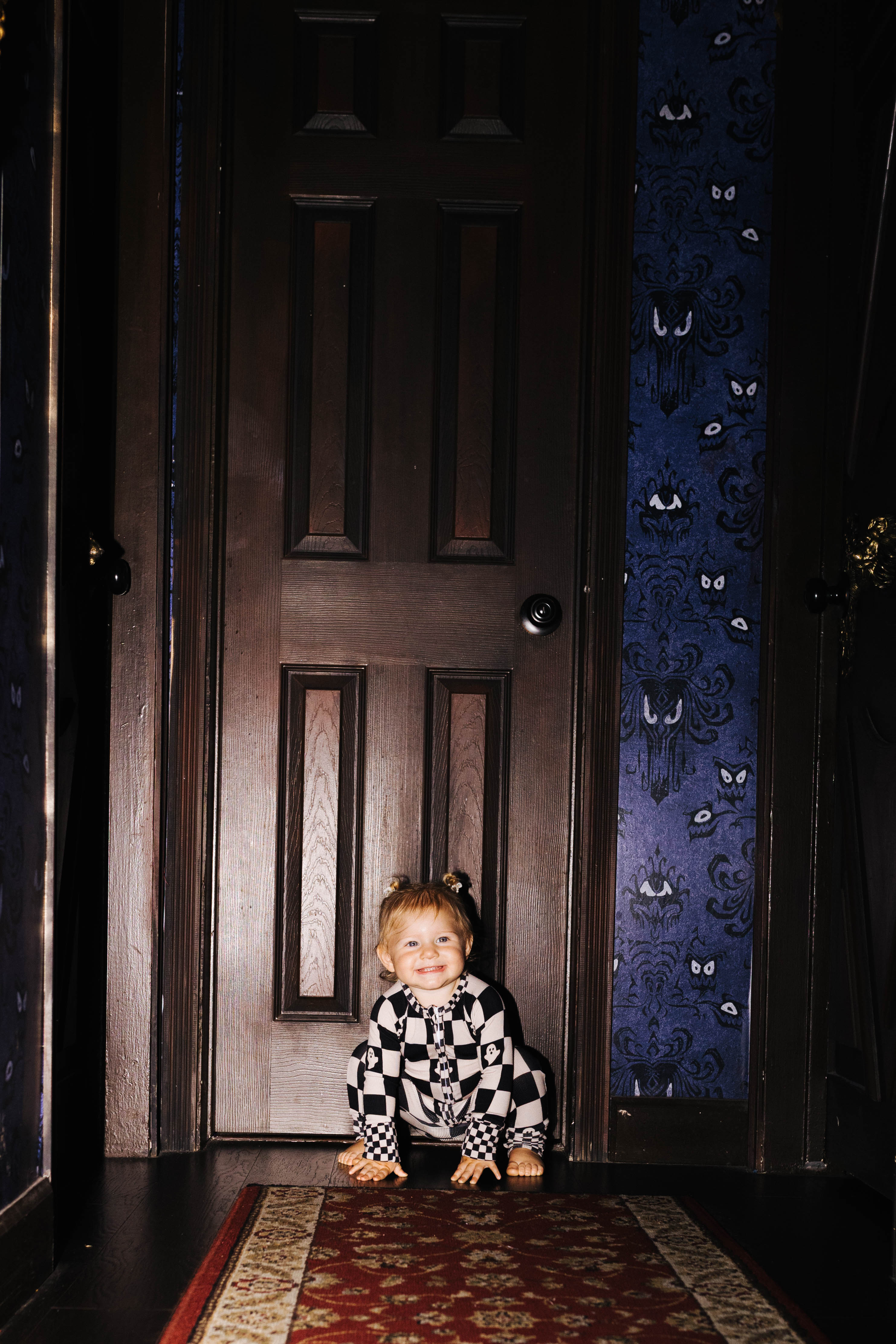 Baby Ghost Check Ribbed Zip Pajamas shown in a full length lifestyle view