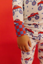 close up detail of the check print on the arms