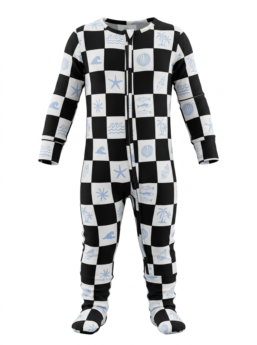 Black and white checkered onesie with blue patterns on a white background