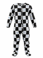 Black and white checkered onesie with blue patterns on a white background