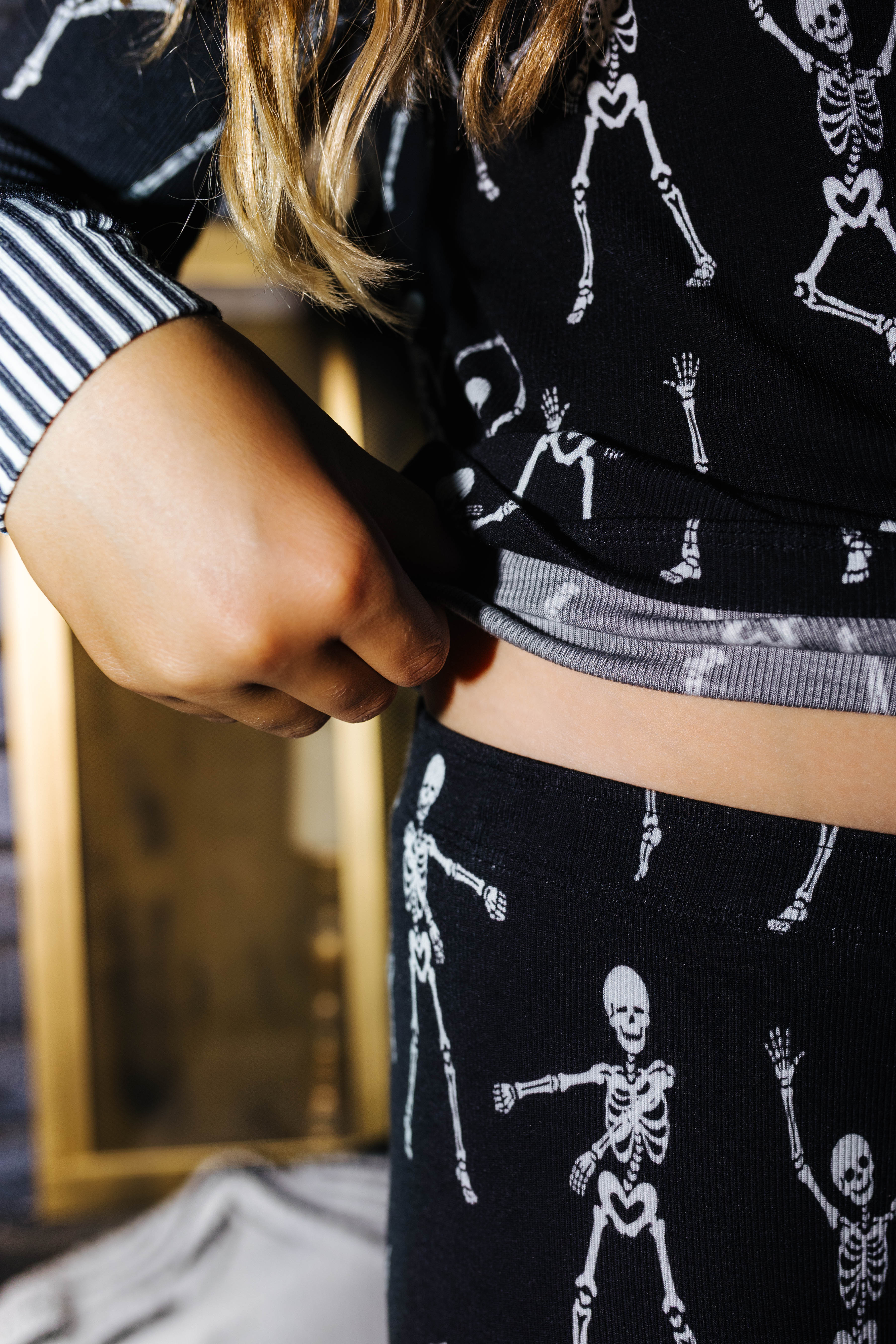 Waistband detail on kids Skelly pajama pants