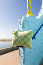 Quillow in a monochromatic check resting on a blue painted structure outdoors near water under a clear blue sky.