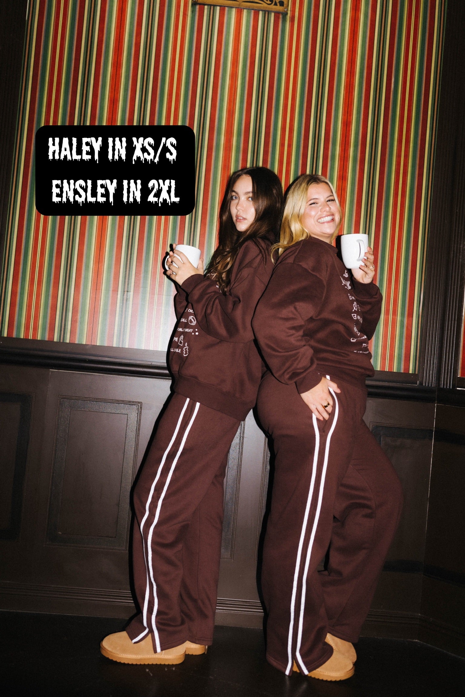 Haley wearing XS/S and Ensley wearing XL/XXL in the Fall Bucket List Sweatshirt