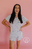 Woman wearing a shell pj set in size M