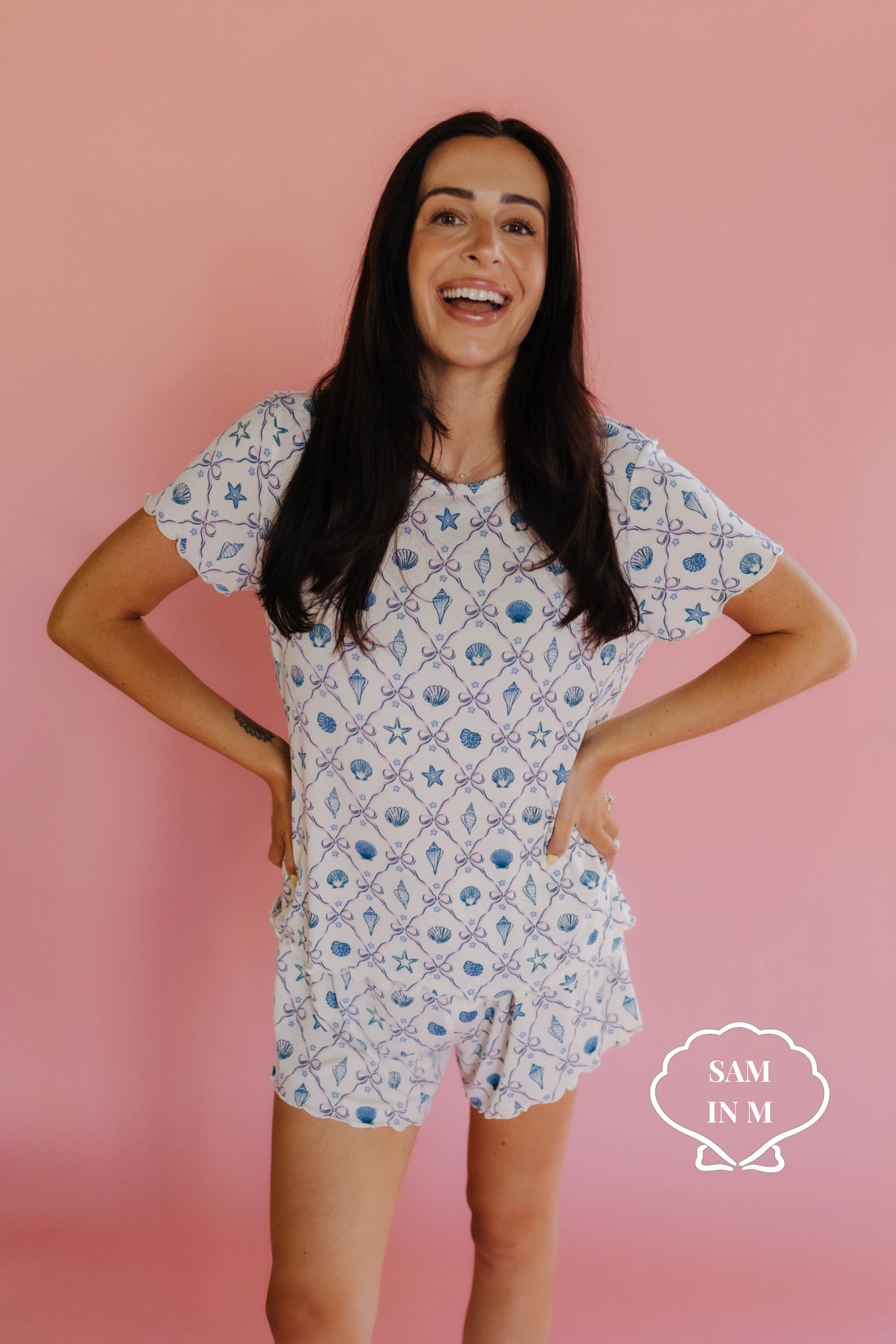 Woman wearing a shell pj set in size M