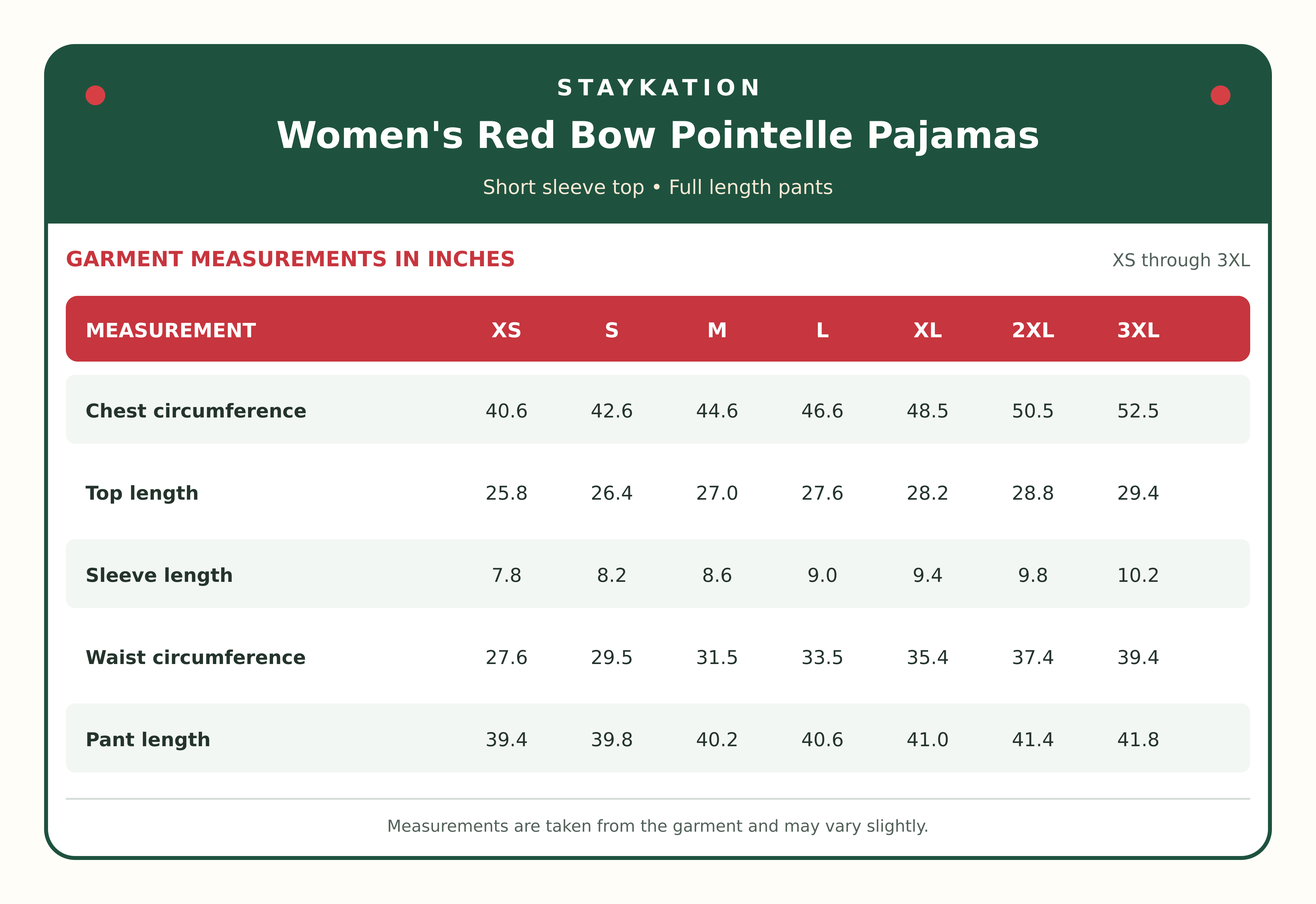 women's pointelle pajamas size chart for short sleeve and pants