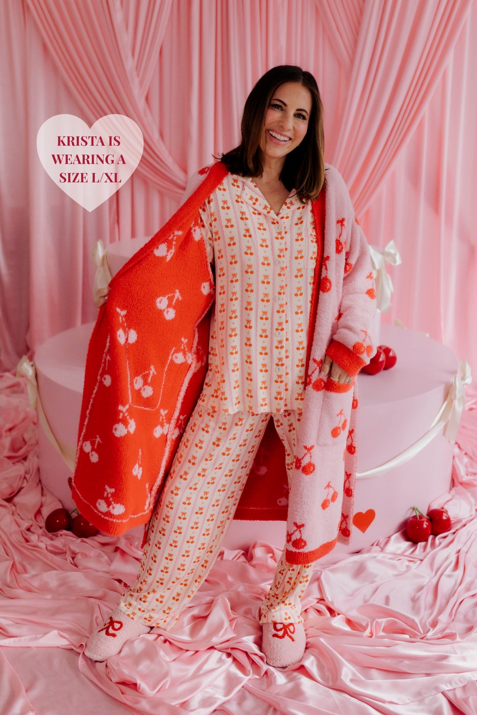 Krista showing the red inside of the L/XL fluffy robe