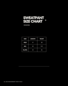 A black sweatpant size chart graphic with white text reading 'SWEATPANT SIZE CHART' and a small table showing size, length, and waist measurements in inches.