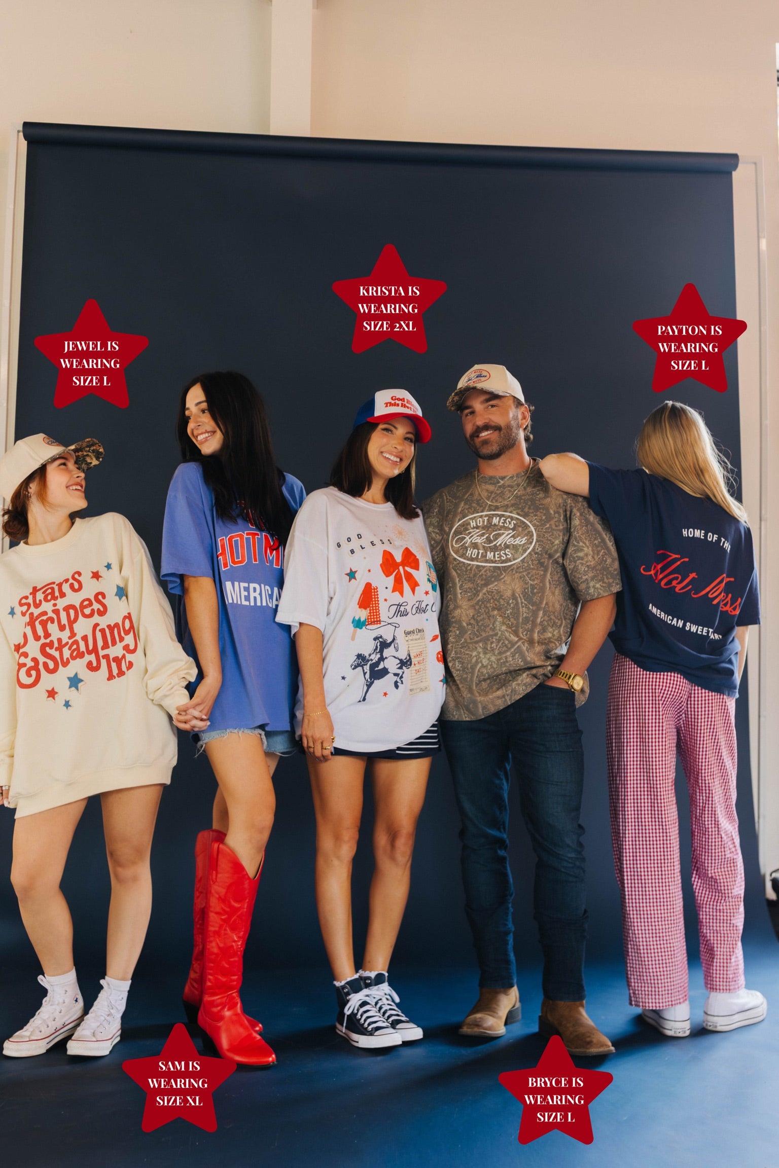 Group of people wearing the Hot Mess merch
