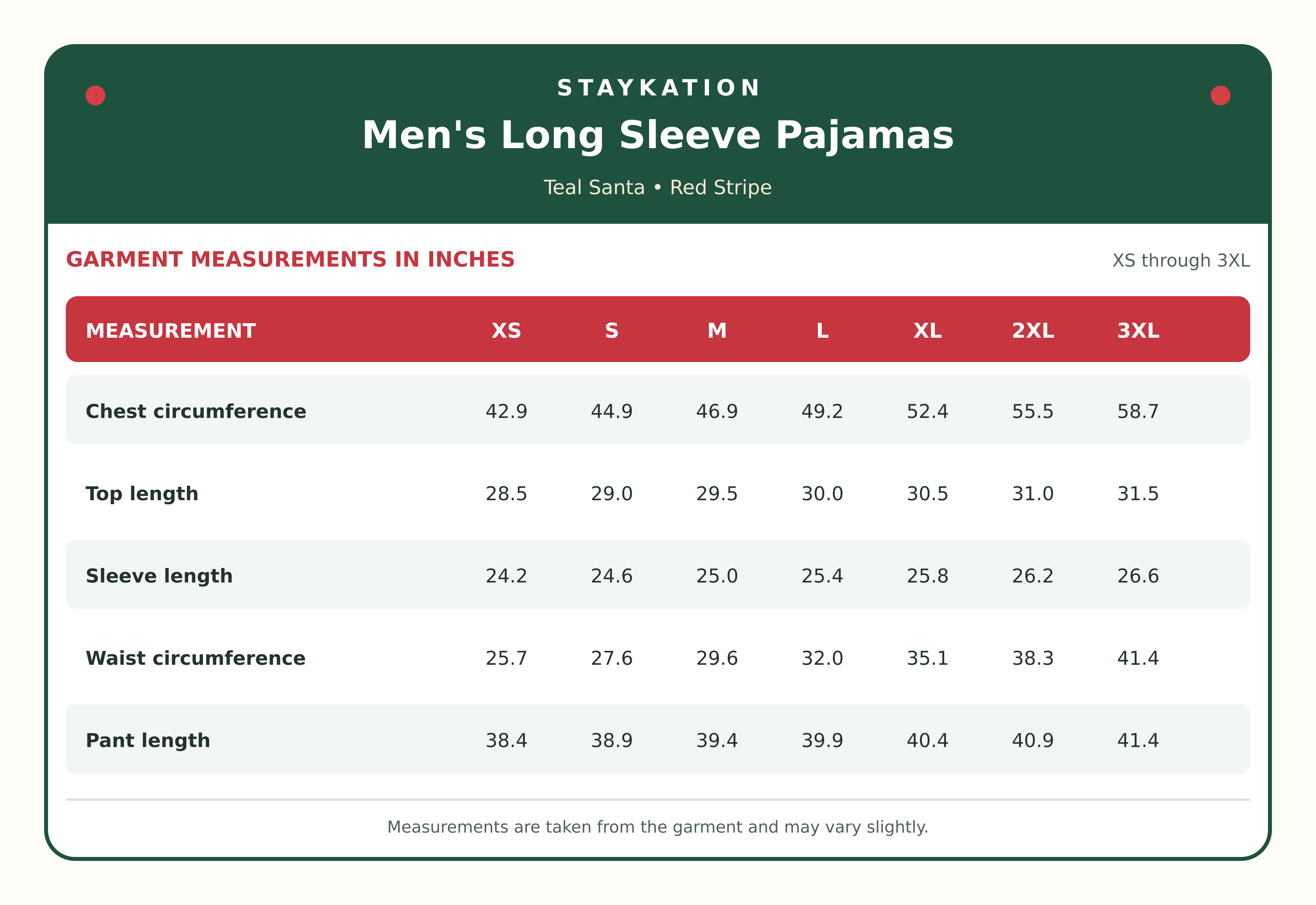 men's long sleeve pajama size chart 