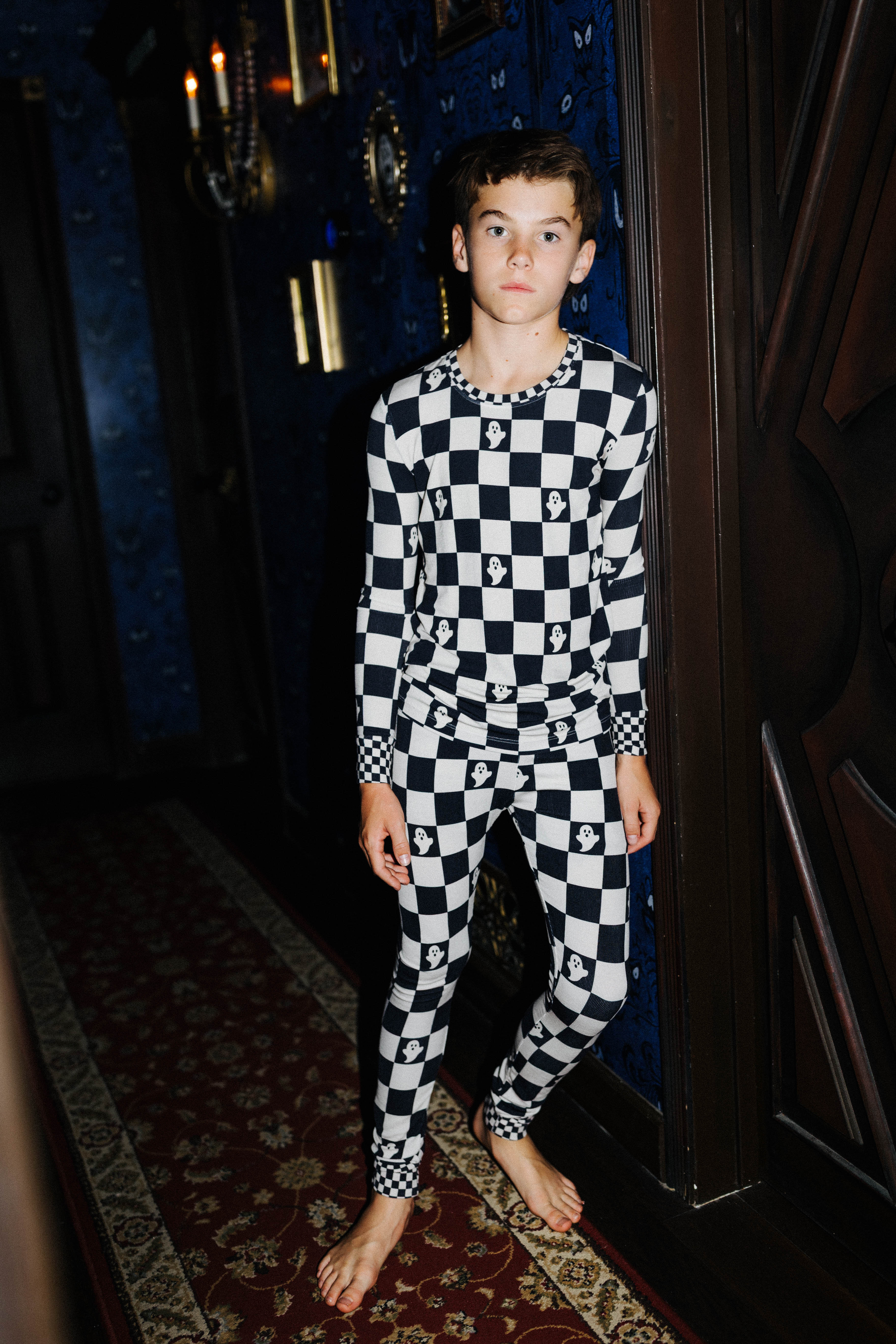 Front view of kids Ghost Check long pajamas