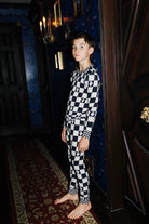 Kids Ghost Check Ribbed Pajama Set shown in a full length lifestyle view