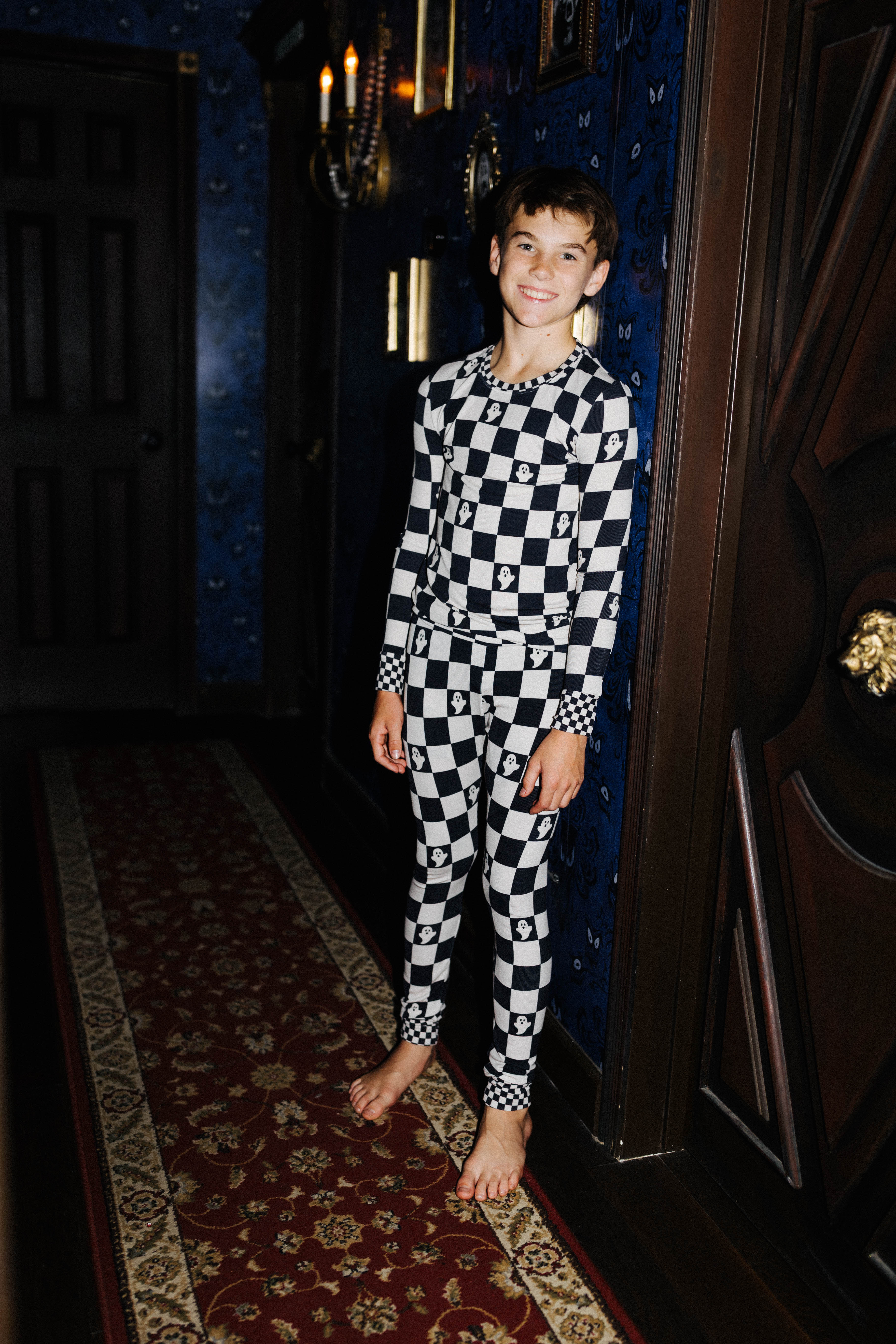 Kids Ghost Check Ribbed Pajama Set shown from an alternate angle