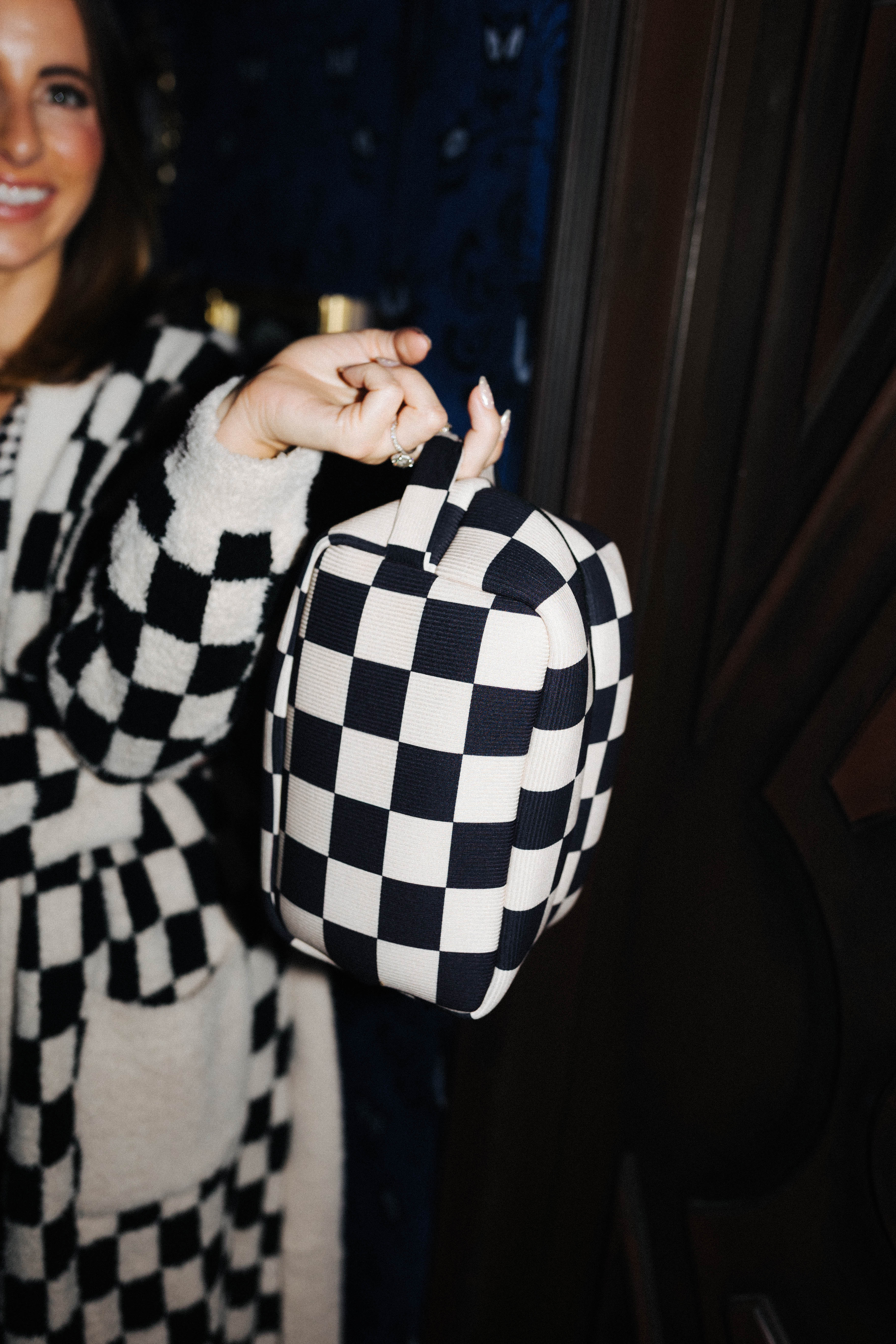 Sand & Black Check Cosmetic Bag shown in a closer detail view