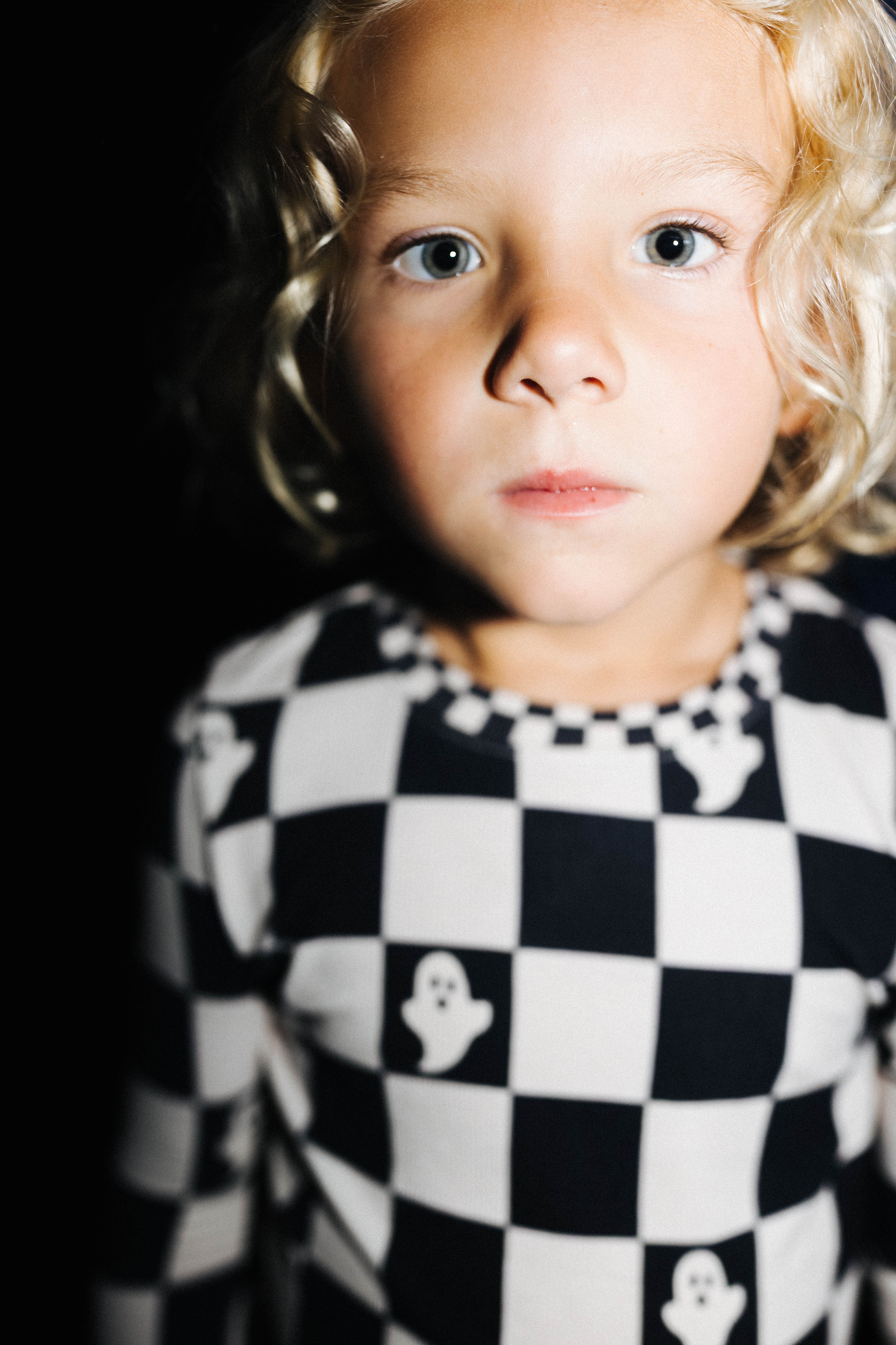Kids Ghost Check Ribbed Pajama Set styled in the Halloween campaign setting