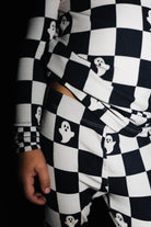 Close view of the ghost print on kids Ghost Check pajamas