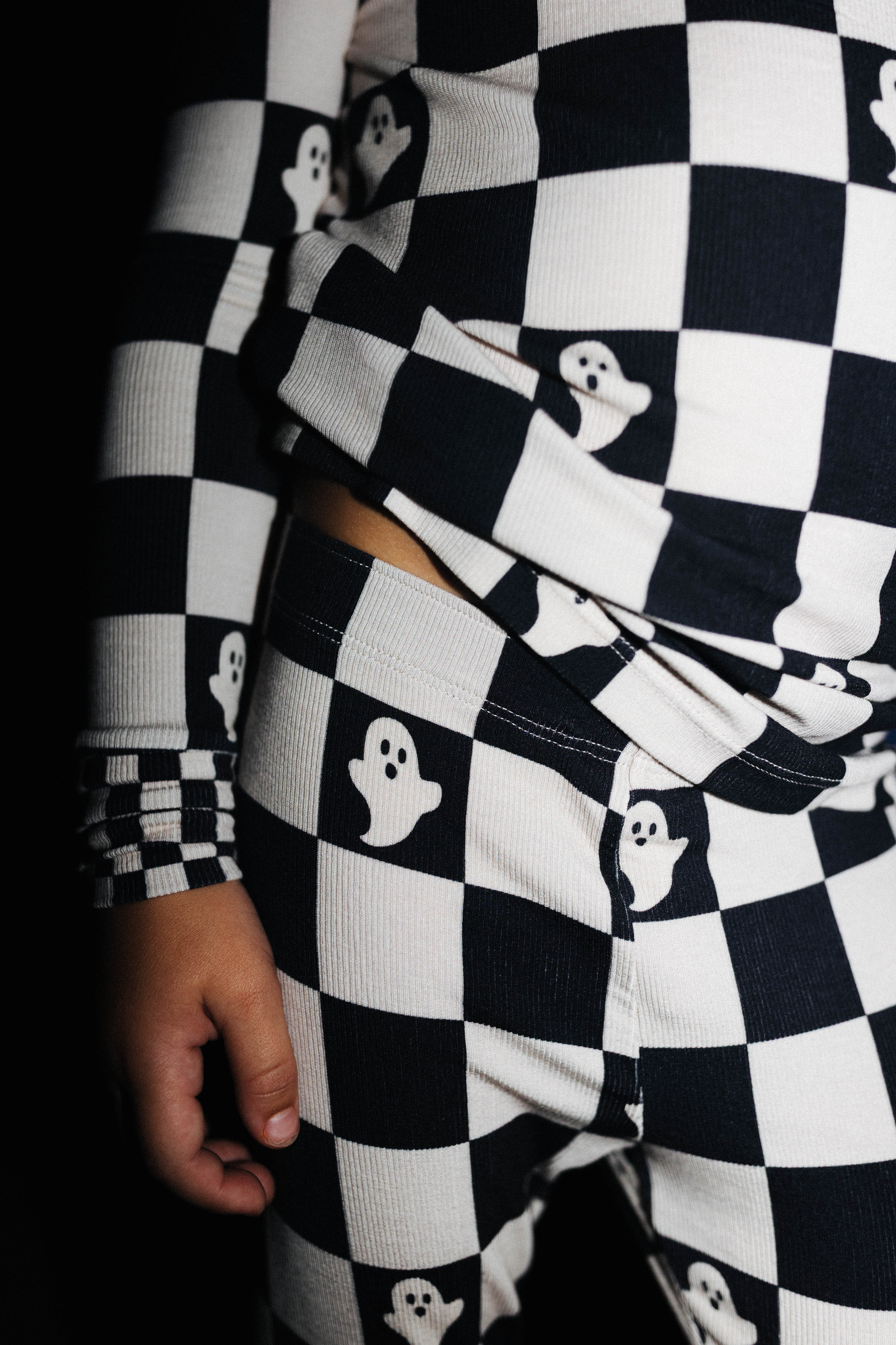 Close view of the ghost print on kids Ghost Check pajamas