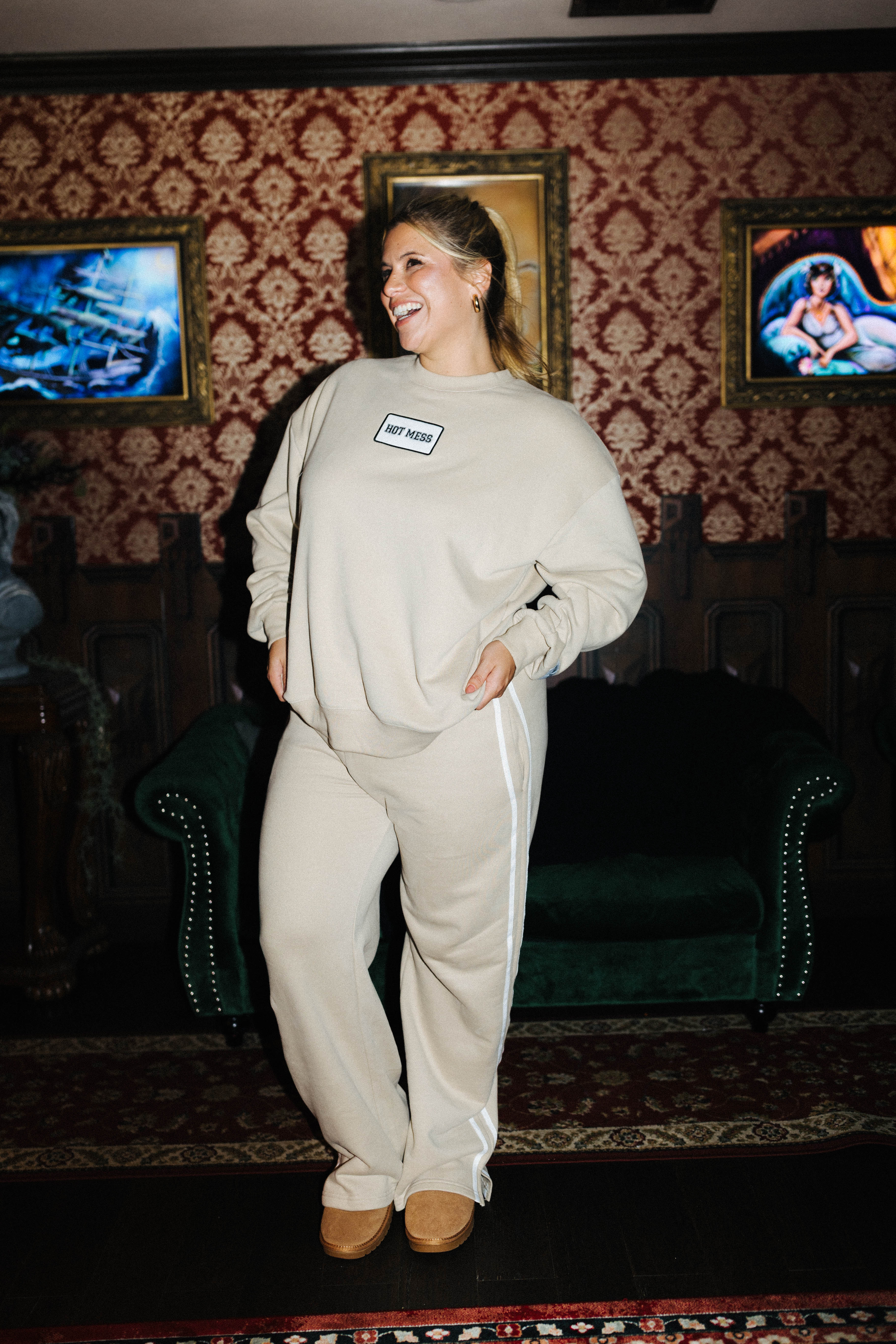 Tan Hot Mess sweatshirt shown on another model