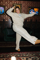 Tan sweatpants shown on another model