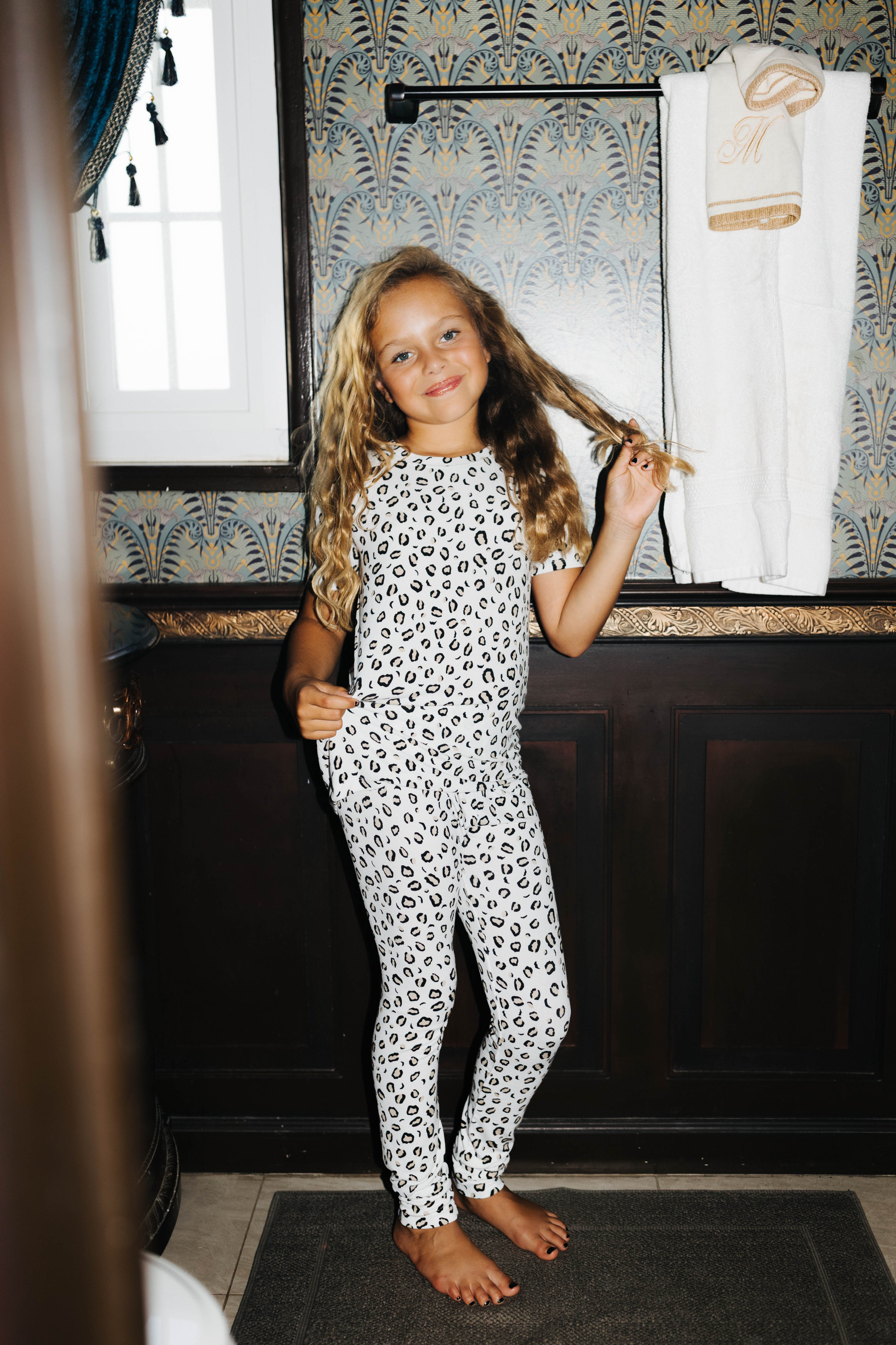 Kid Leopard Ribbed Pajama Set shown in a second full length view