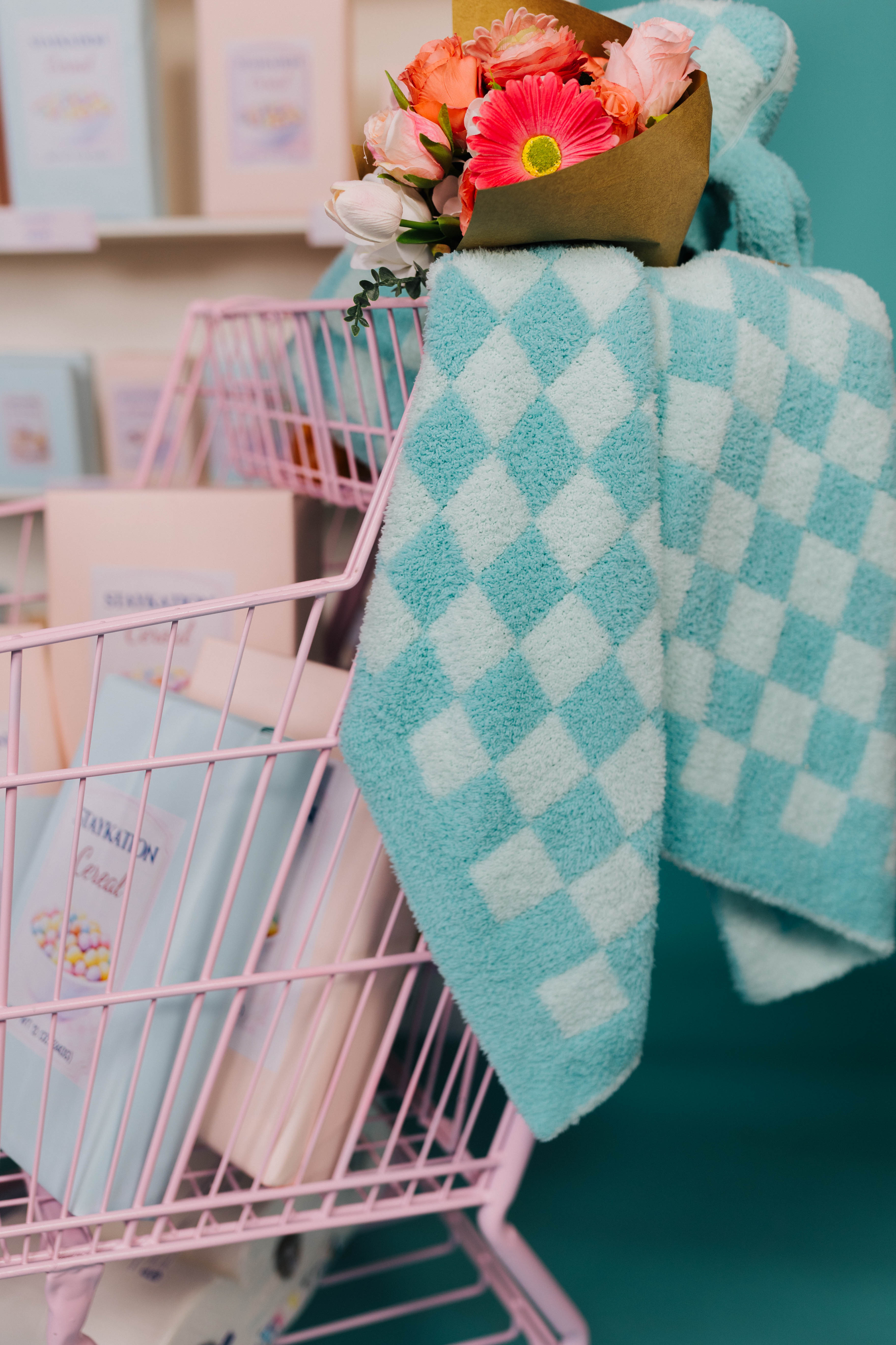 Checkered blanket draped over a pink shopping cart with flowers in the background