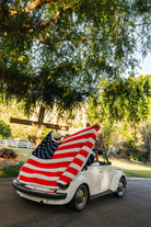 american flag blanket being held up while the car is driving