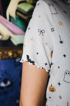 Close view of the sleeve trim on Halloween Icon Print pajamas