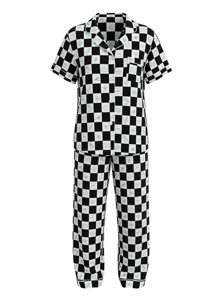 Black and white checkered shirt and pants set on a white background