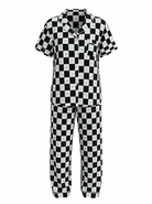 Black and white checkered shirt and pants set on a white background