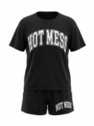Black t-shirt and shorts set with 'HOT MESS' text on a white background