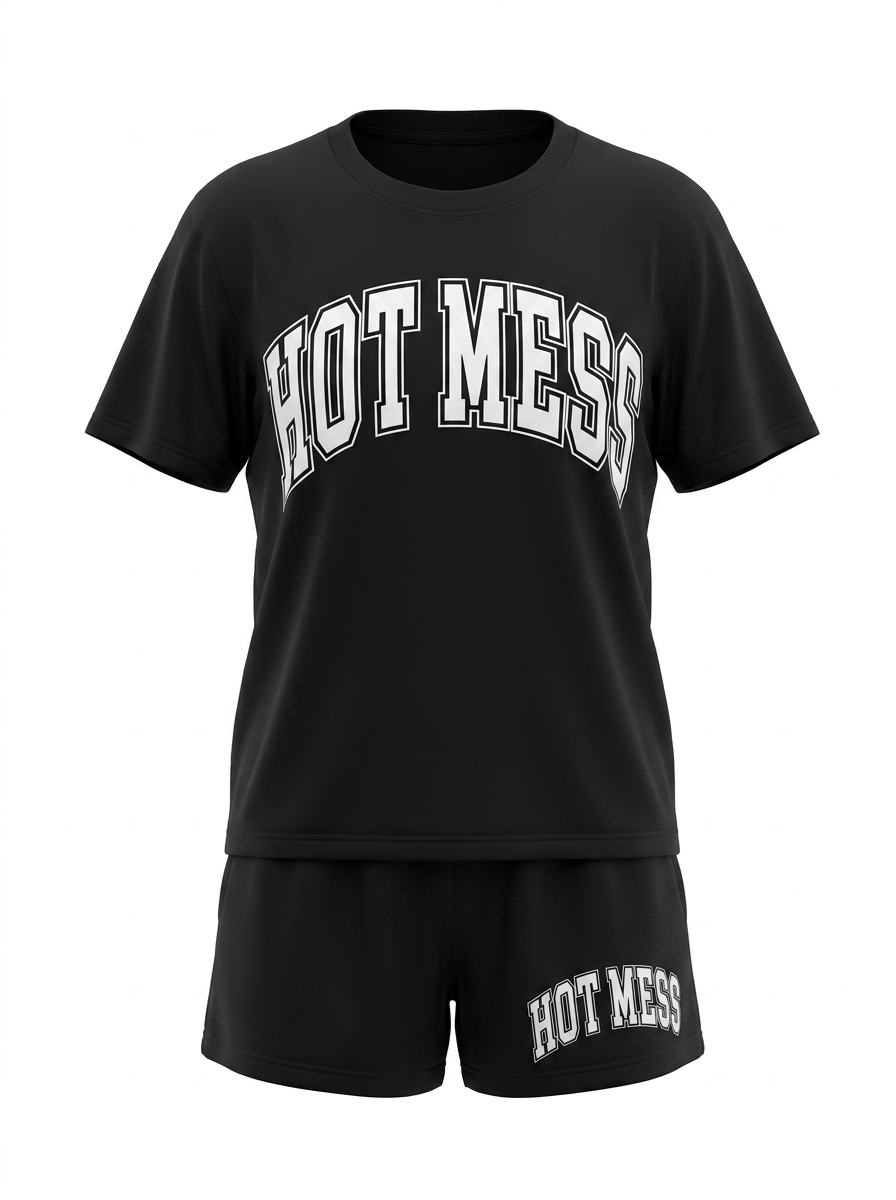 Black t-shirt and shorts set with 'HOT MESS' text on a white background