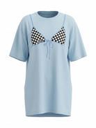 Light blue t-shirt with a checkered bikini design on a white background