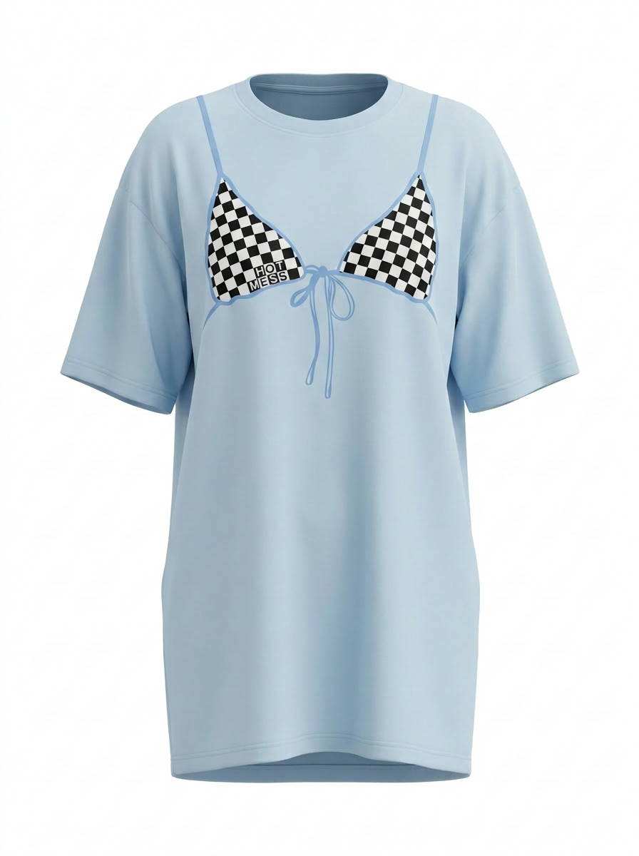 Light blue t-shirt with a checkered bikini design on a white background