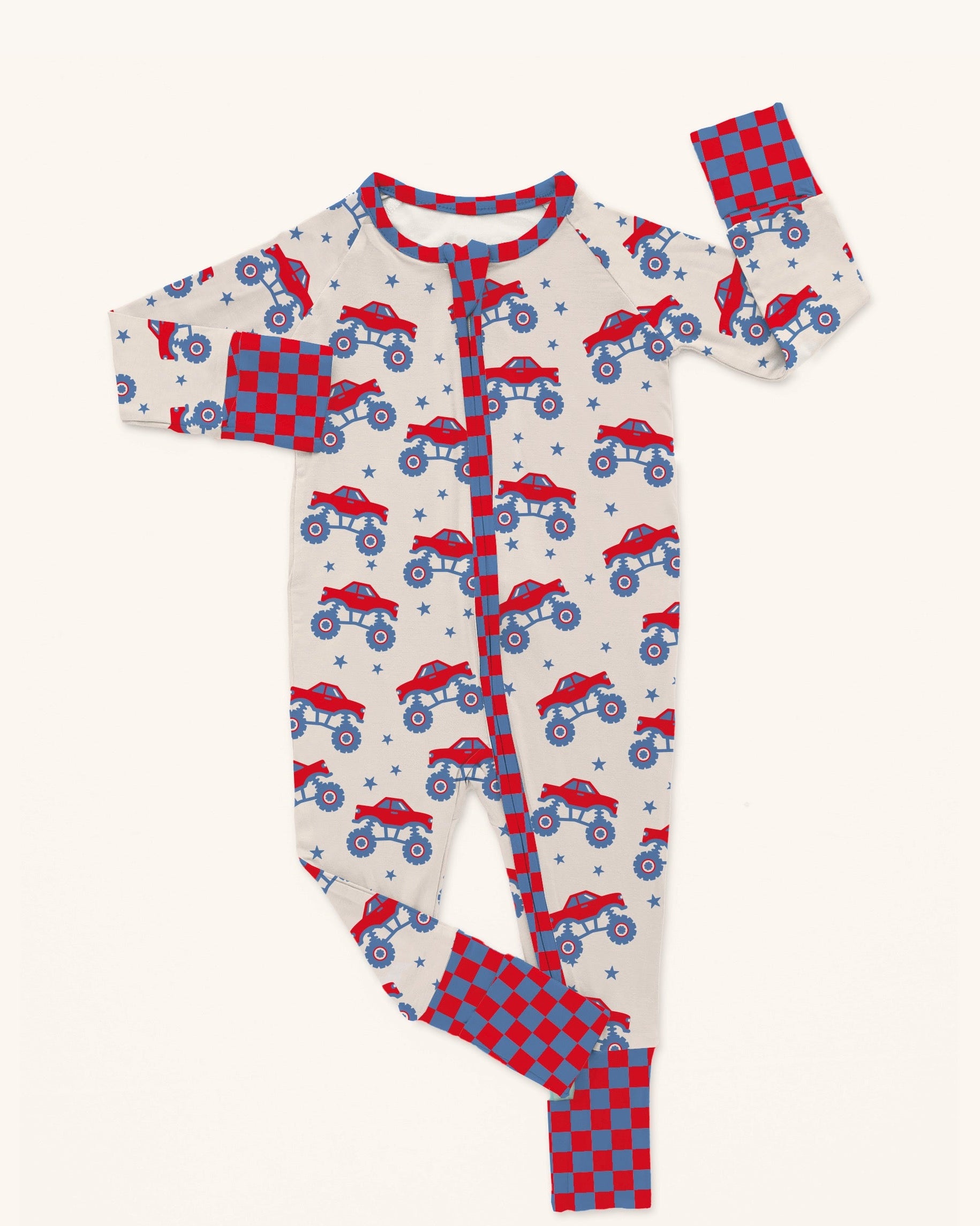mock up of baby onesie with monster truck print