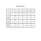 A size chart table for a baby romper, showing measurements in inches for length, seam length, chest width, and sleeve length across size categories NB, 0-1M, 3-6M, 6-12M, 12-18M, and 18-24M.