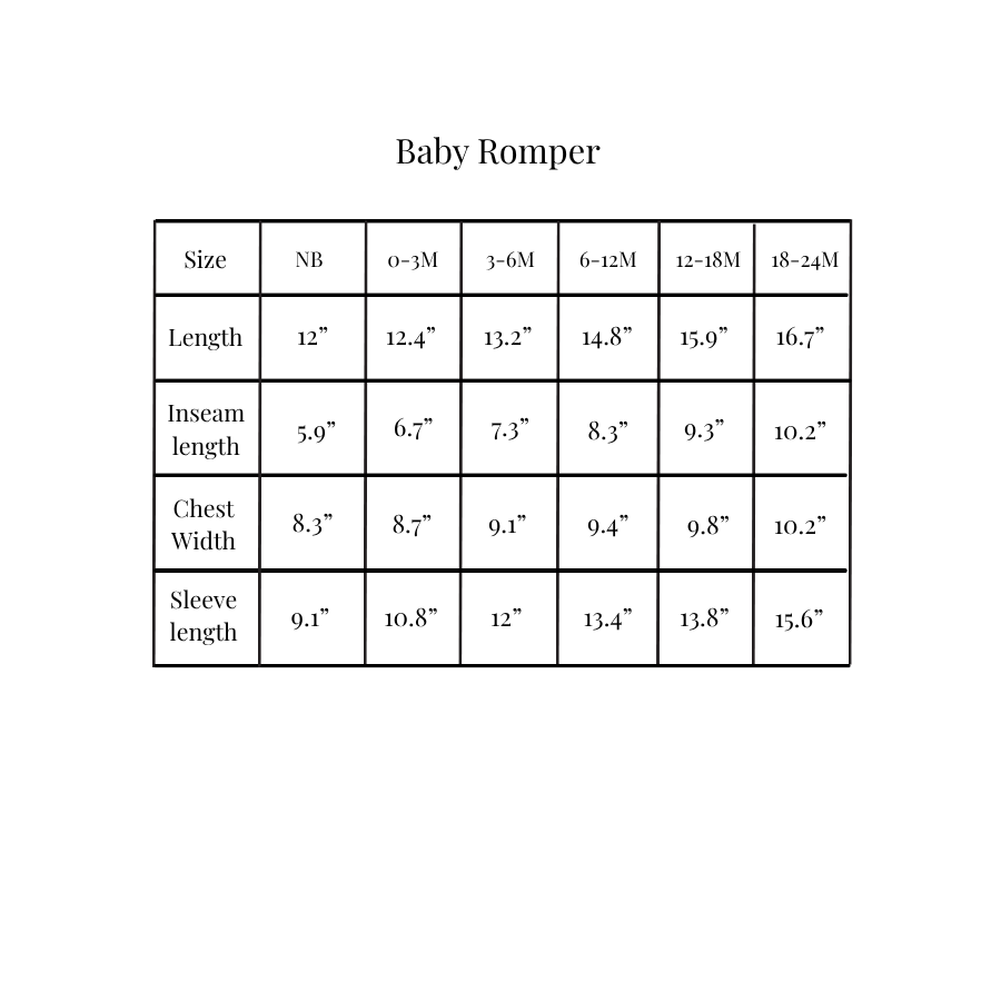 A size chart table for a baby romper, showing measurements in inches for length, seam length, chest width, and sleeve length across size categories NB, 0-1M, 3-6M, 6-12M, 12-18M, and 18-24M.