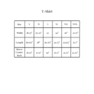A size chart table for a T-shirt showing measurements from S to XXXL in width, length, and sleeve center back, with the title 'T-Shirt' centered above on a white background.