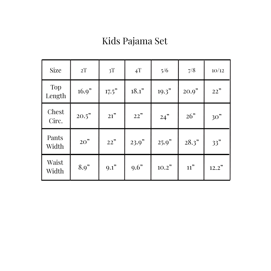 Kid pajama size chart