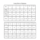 A size chart for long sleeve pajamas showing a table with sizes XS through XXXL, body length, sleeve length, chest, length, inseam, and waist measurements.