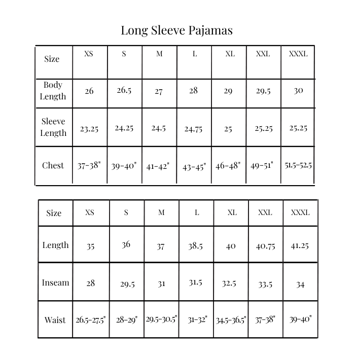 A size chart for long sleeve pajamas showing a table with sizes XS through XXXL, body length, sleeve length, chest, length, inseam, and waist measurements.