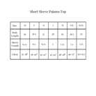 A size chart table for a short sleeve pajama top, showing body length, sleeve length, and chest measurements for sizes XS through XXXL.