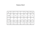 A size chart table for pajama shorts showing sizes XS through XXXL, with rows for length, inseam, and waist in inches and feet, centered on a white background.