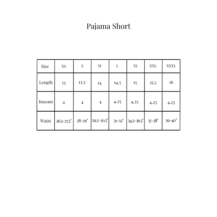 A size chart table for pajama shorts showing sizes XS through XXXL, with rows for length, inseam, and waist in inches and feet, centered on a white background.