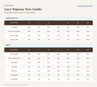 Staykation lace pajama size guide for a long sleeve top and pants, sizes XS through 3XL. Measurements in inches include top length, chest circumference, sleeve length and width, pant length, waist circumference, hip width, front and back rise, leg opening, and lace height.