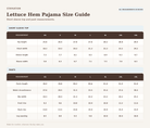 Staykation lettuce hem pajama size guide for a short sleeve top and pants, sizes XS through 3XL. Measurements in inches include top length, chest width, sleeve length and width, pant length, waist circumference, hip width, front and back rise, and leg opening.