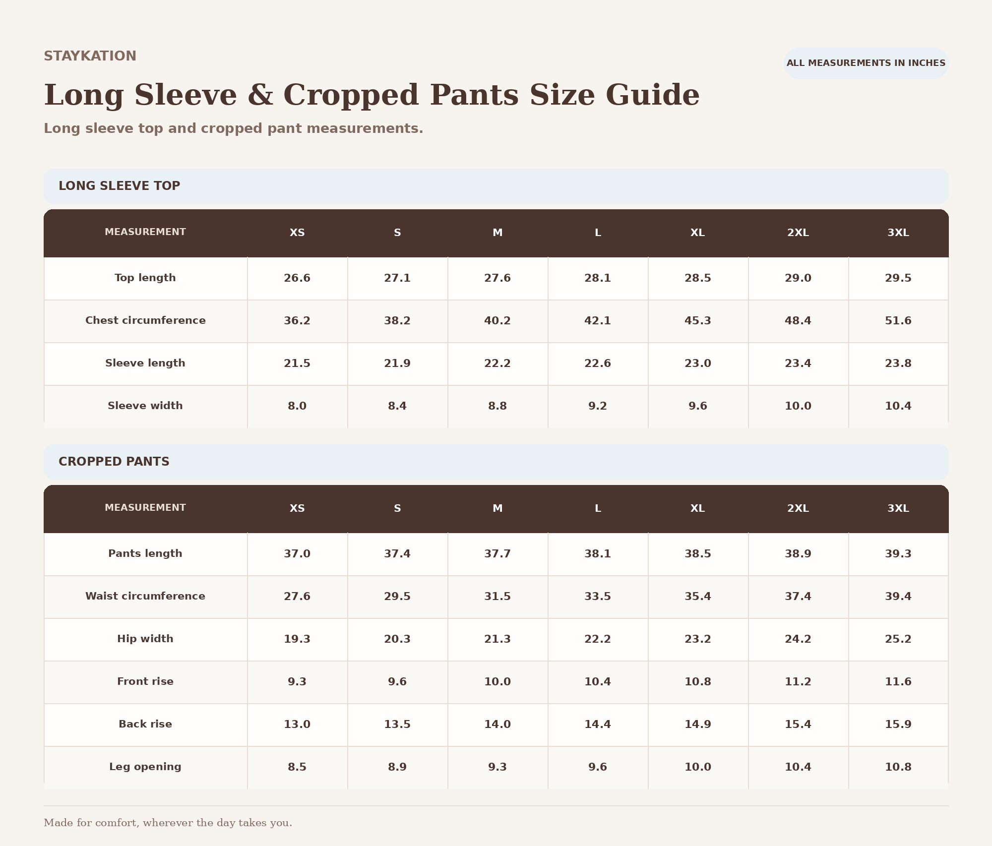Staykation long sleeve and cropped pants pajama size guide, sizes XS through 3XL. Measurements in inches include top length, chest circumference, sleeve length and width, cropped pant length, waist circumference, hip width, front and back rise, and leg opening.