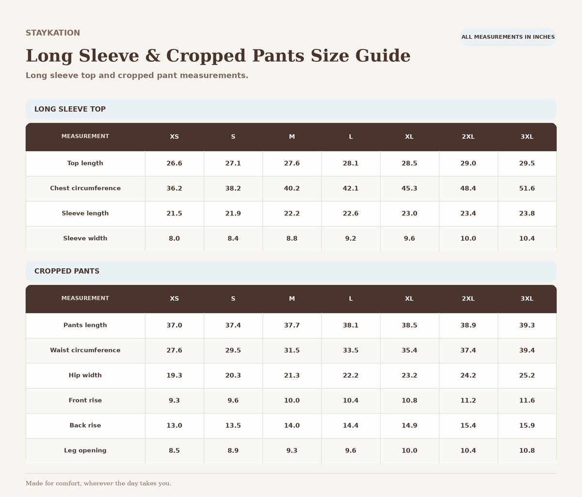 Staykation long sleeve and cropped pants pajama size guide, sizes XS through 3XL. Measurements in inches include top length, chest circumference, sleeve length and width, cropped pant length, waist circumference, hip width, front and back rise, and leg opening.
