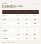 Staykation sweatpants size guide. Measurements in inches, listed in size order XS/S, M/L, XL/XXL: waist 28, 31.5, 36; inseam 31.1, 31.5, 31.9; hip 42.5, 45.7, 48.8; outseam 41.3, 42.1, 42.9; front rise 10.2, 11, 11.8; back rise excluding waistband 14.6, 15.4, 16.1; leg opening 9.4, 10.2, 11.